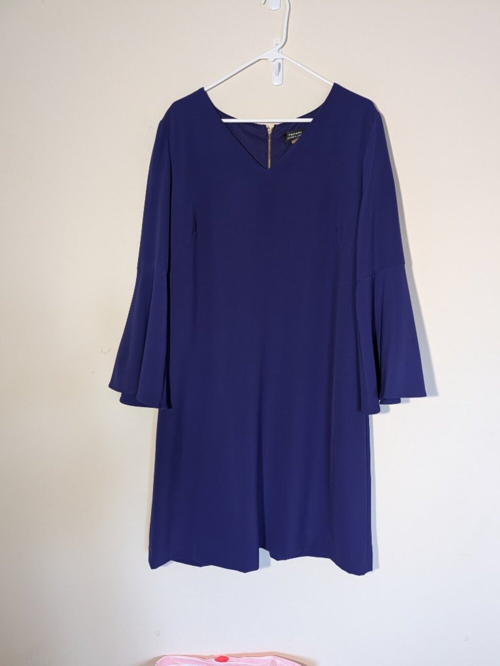 Tahari by Arthur Levine V-Neck Bell Sleeve Shift Midi Dress 14W Royal Purple